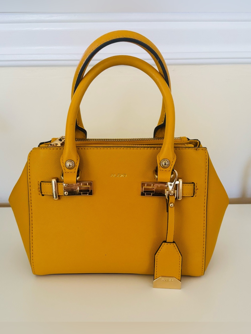 Aldo Mustard Yellow Top-Handle Satchel with Gold Hardware